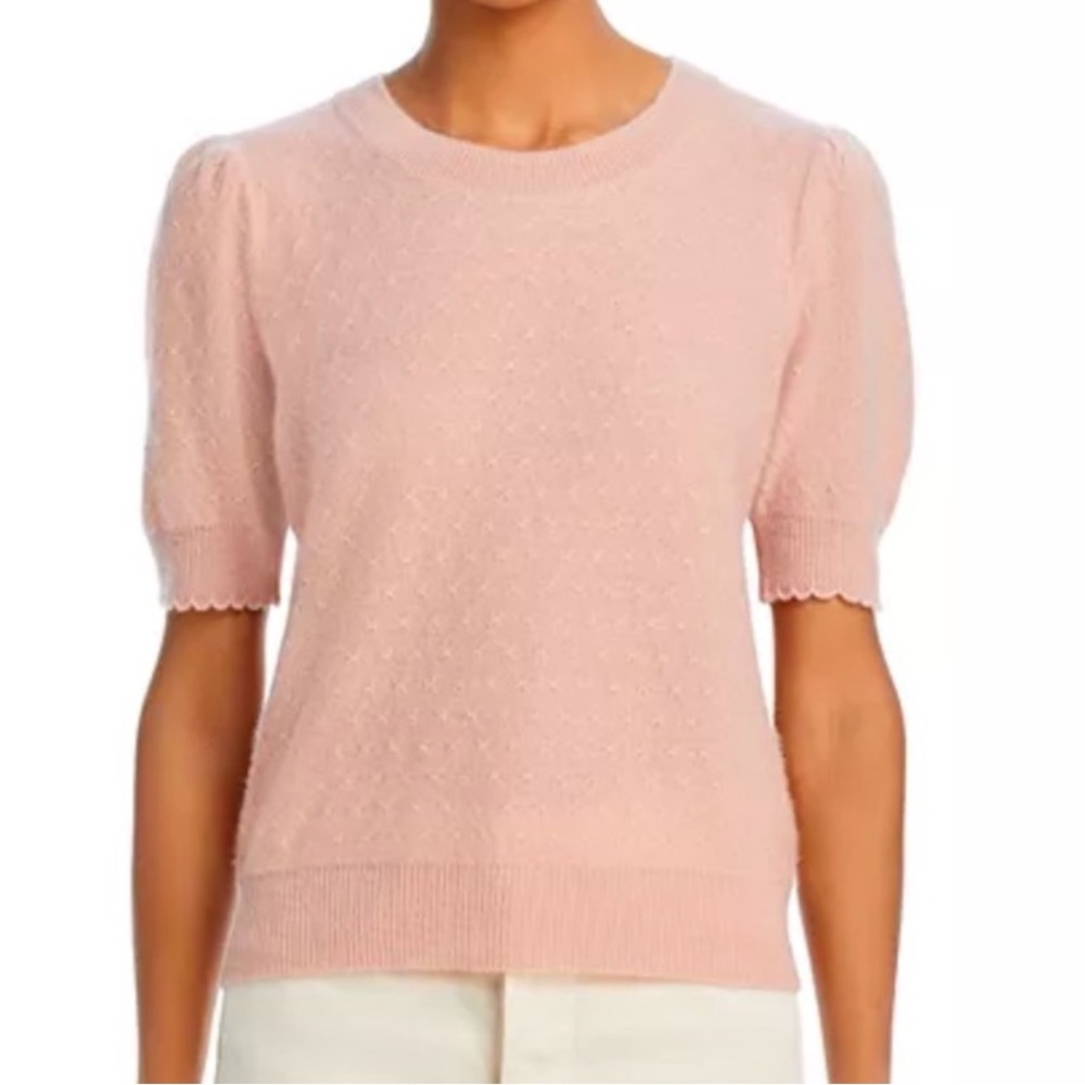 NEW FRAME 100% Cashmere Pointelle Puff Sleeves Top in Peony Pink. Size L. NWOT